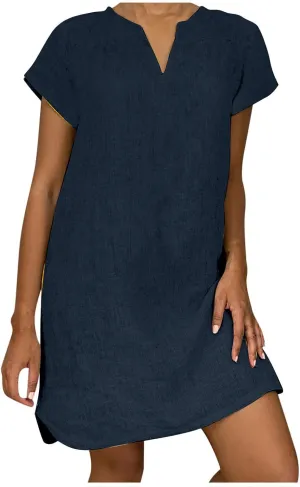 Dresses for Women 2024 Casual Cotton Linen Cap Sleeve V Neck Midi Dress Summer Fashion Solid Party Beach Sundress