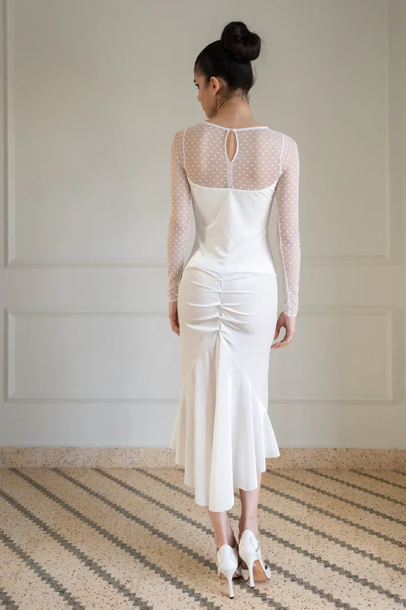 Ecru Velvet Mermaid Dress With Dotted Tulle Sleeves