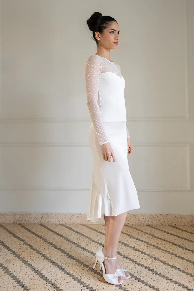 Ecru Velvet Mermaid Dress With Dotted Tulle Sleeves