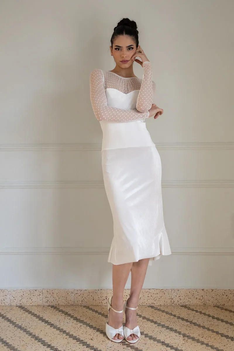 Ecru Velvet Mermaid Dress With Dotted Tulle Sleeves