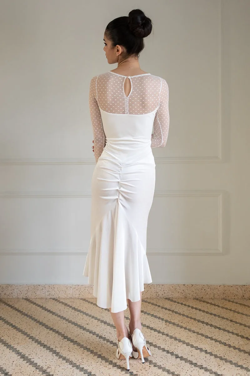 Ecru Velvet Mermaid Dress With Dotted Tulle Sleeves