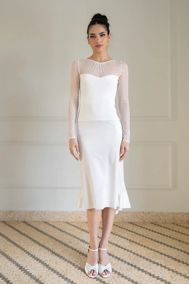 Ecru Velvet Mermaid Dress With Dotted Tulle Sleeves