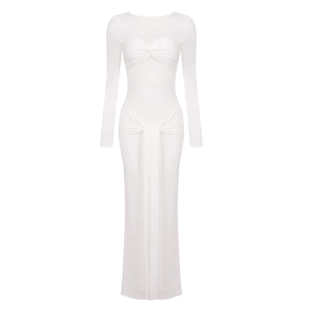 Elegant Crew Neck Ruched Twist Long Sleeve Tie Front Knot Drape Maxi Dress