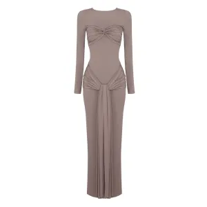 Elegant Crew Neck Ruched Twist Long Sleeve Tie Front Knot Drape Maxi Dress