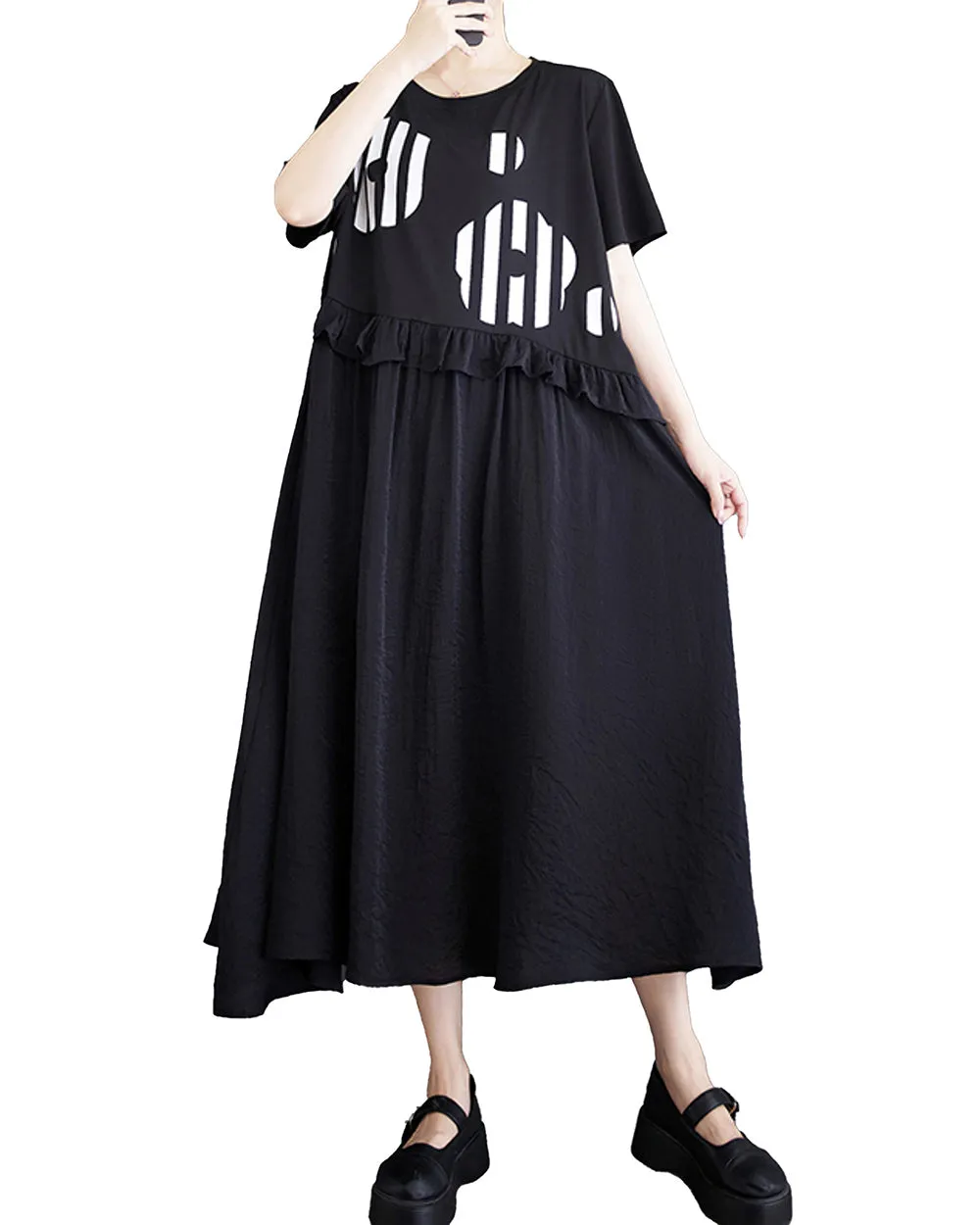 ellazhu Balck Dress for Women with Flowers and Stripe Short Sleeves GZ201