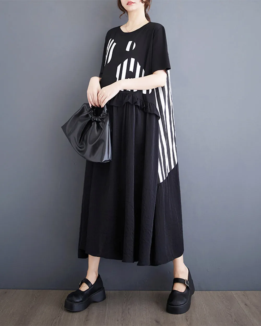 ellazhu Balck Dress for Women with Flowers and Stripe Short Sleeves GZ201
