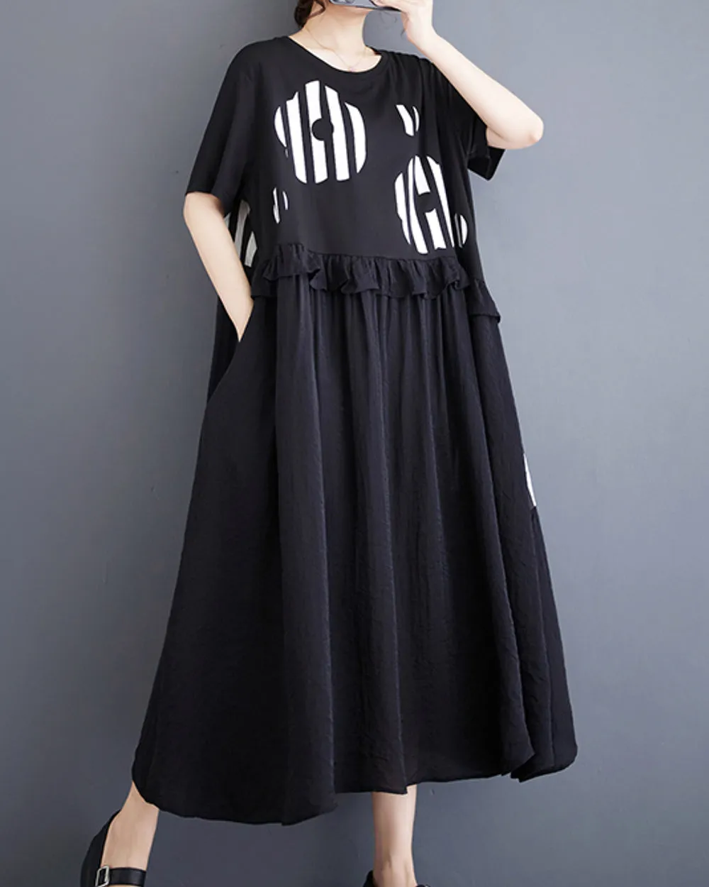 ellazhu Balck Dress for Women with Flowers and Stripe Short Sleeves GZ201