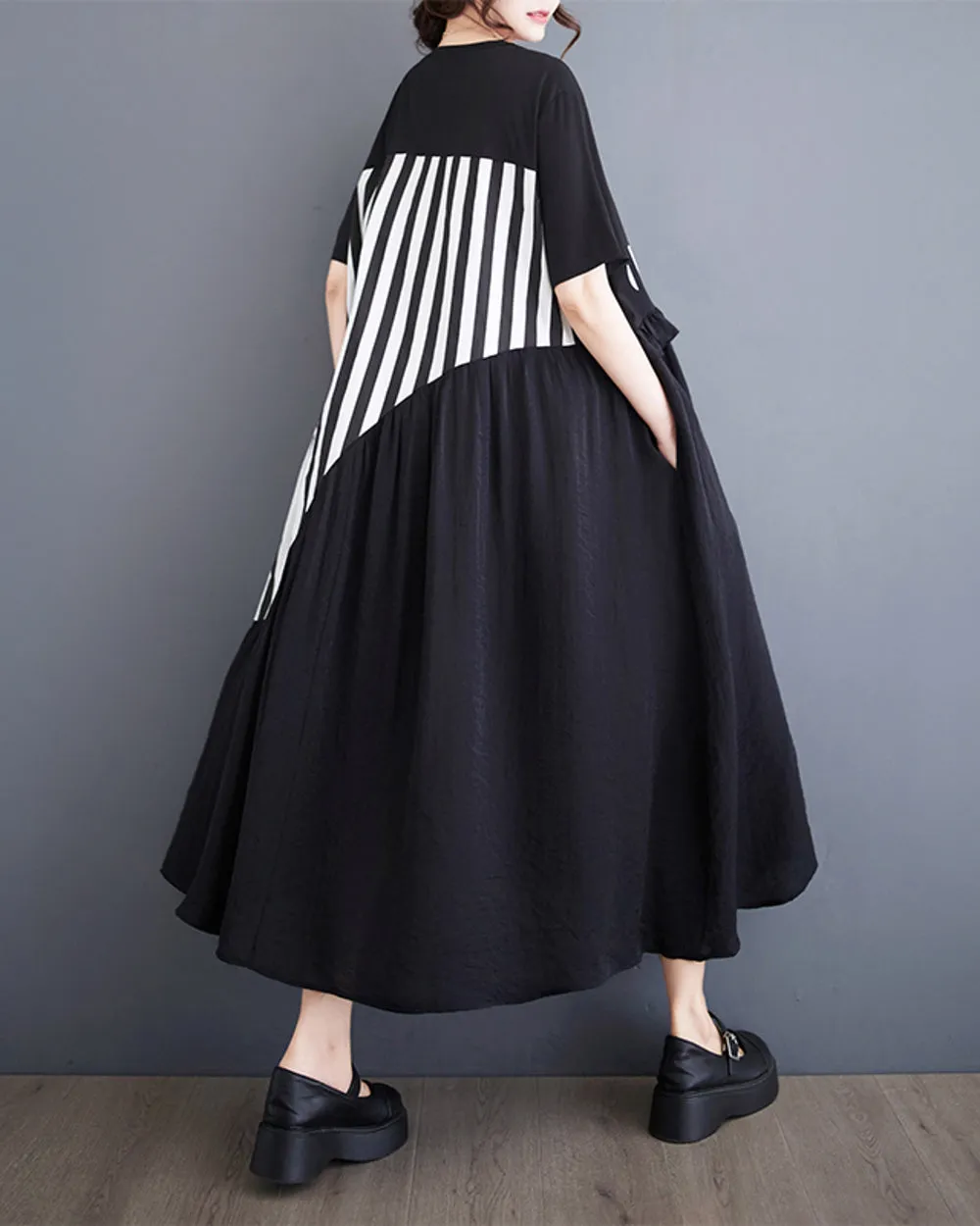 ellazhu Balck Dress for Women with Flowers and Stripe Short Sleeves GZ201