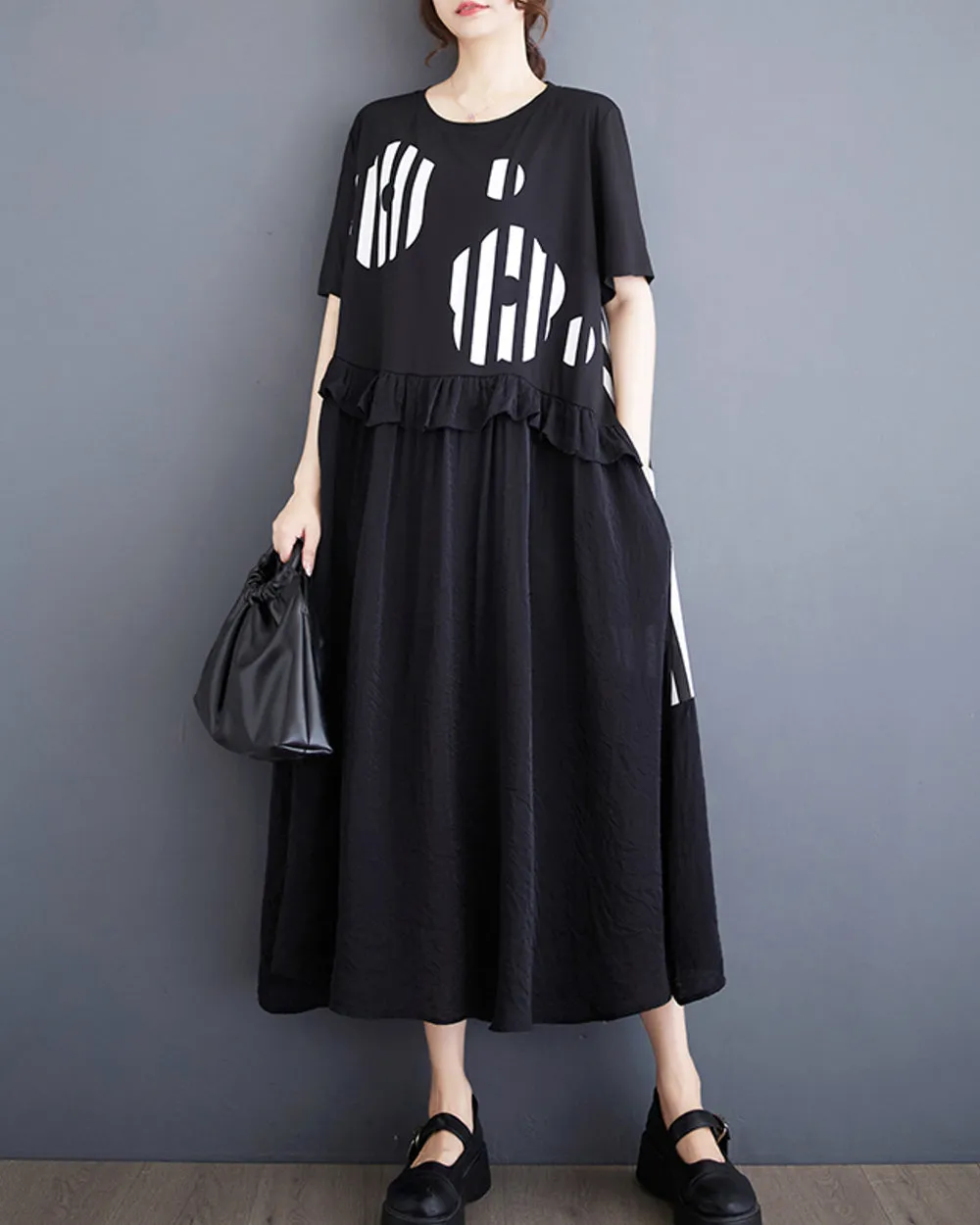 ellazhu Balck Dress for Women with Flowers and Stripe Short Sleeves GZ201