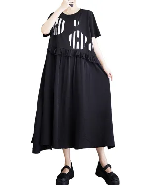 ellazhu Balck Dress for Women with Flowers and Stripe Short Sleeves GZ201