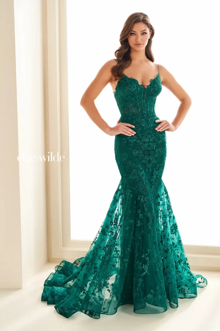 Ellie Wilde EW36008 Size 0 Sage Long Lace Mermaid Corset Prom Dress Formal Evening Gown V Neck Train