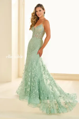 Ellie Wilde EW36008 Size 0 Sage Long Lace Mermaid Corset Prom Dress Formal Evening Gown V Neck Train