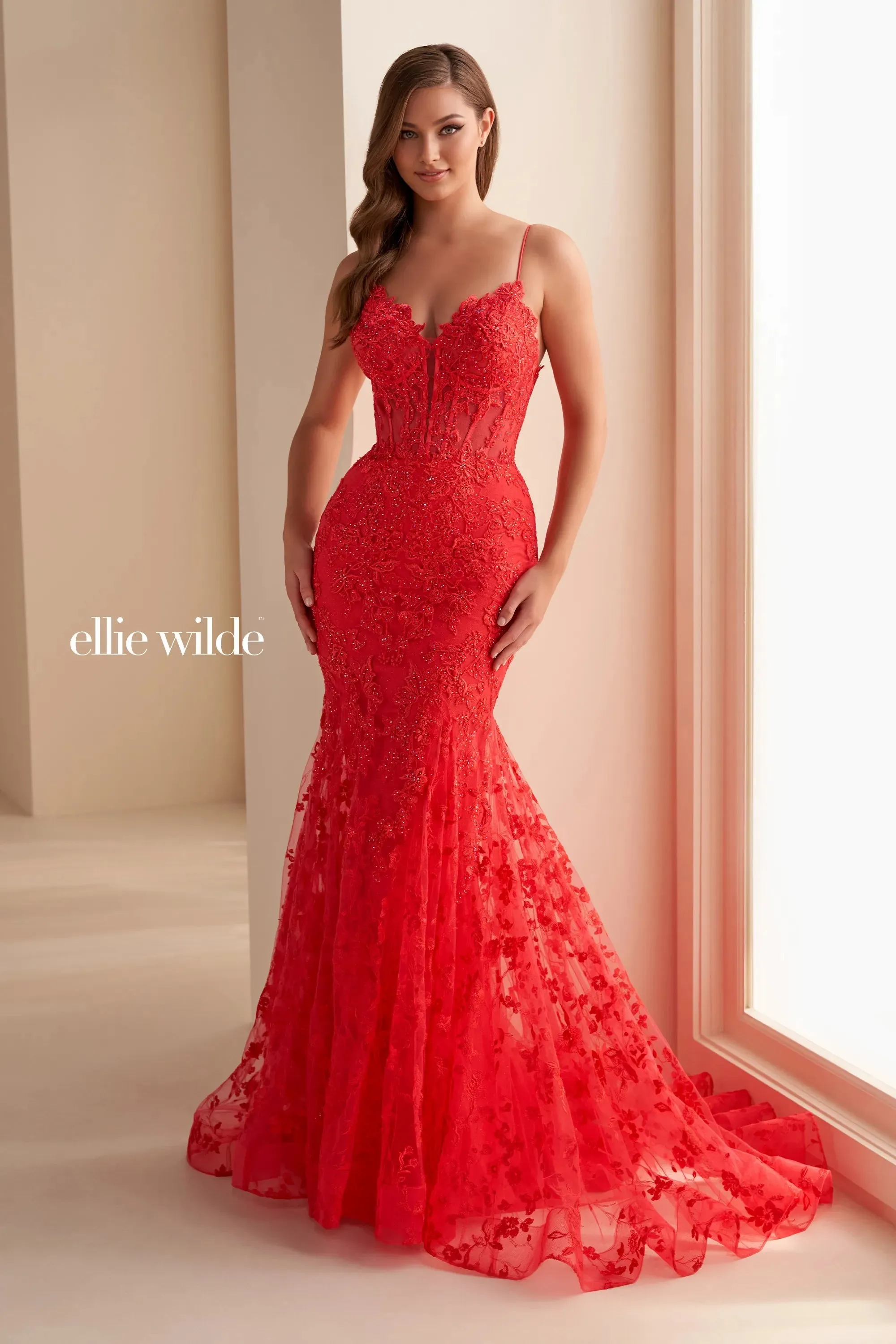 Ellie Wilde EW36009 Long Sheer Lace Corset Prom Dress Mermaid Formal Evening Gown Pageant