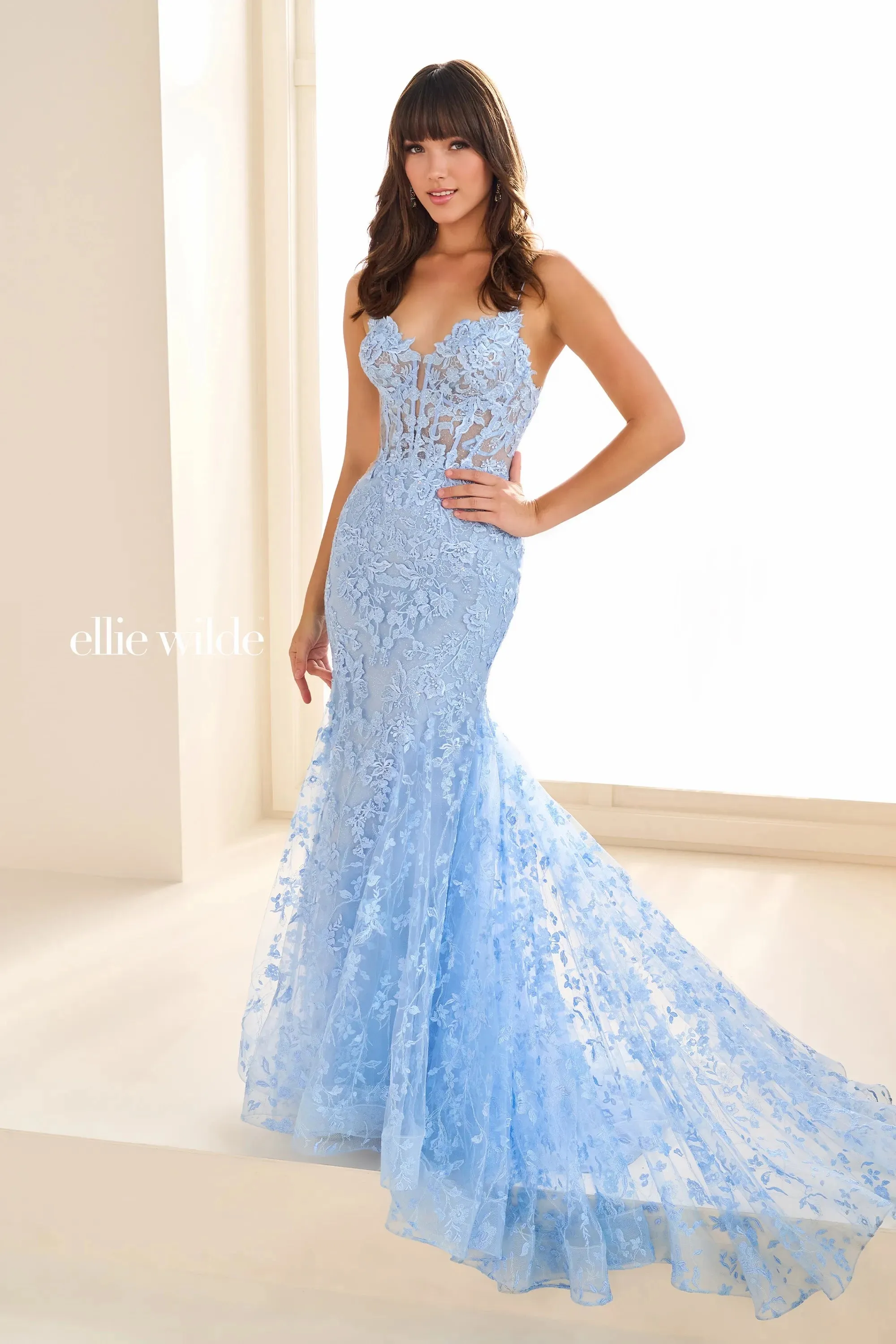Ellie Wilde EW36009 Long Sheer Lace Corset Prom Dress Mermaid Formal Evening Gown Pageant