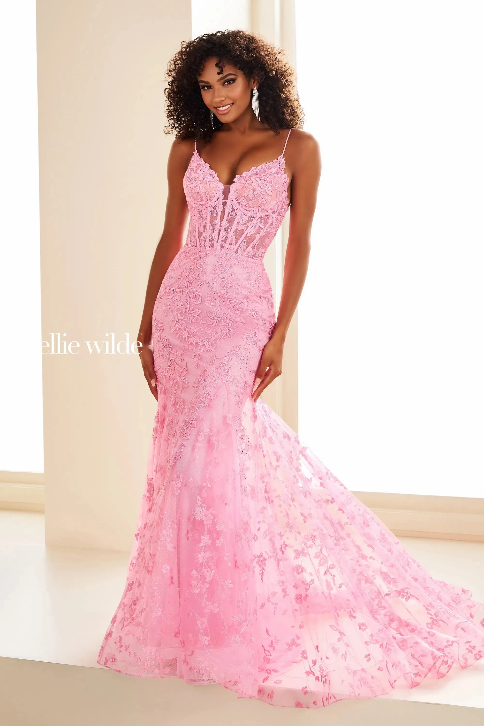 Ellie Wilde EW36009 Long Sheer Lace Corset Prom Dress Mermaid Formal Evening Gown Pageant