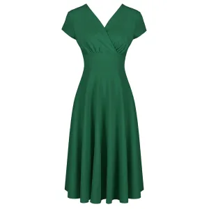 Emerald Green A Line Vintage Crossover Capped Sleeve Tea Swing Dress