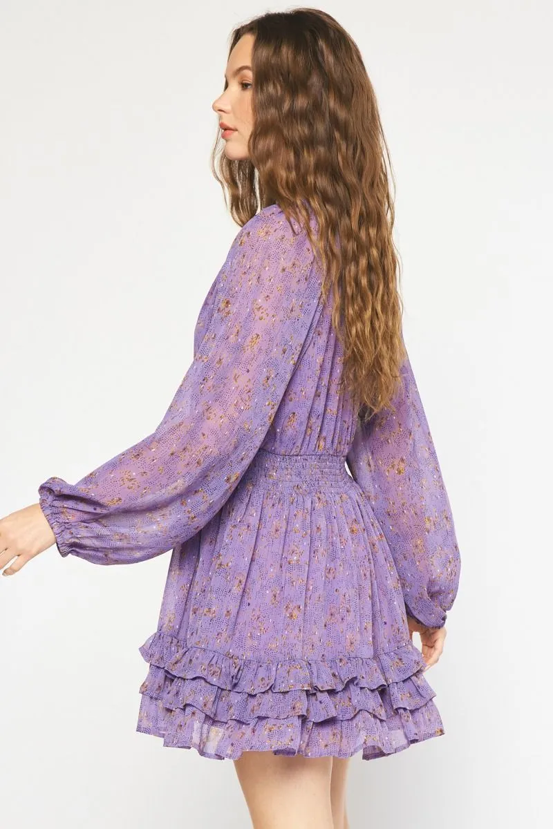 Entro Purple Printed V-Neck Long Sleeve Smocked Dress With Ruffle Skirt