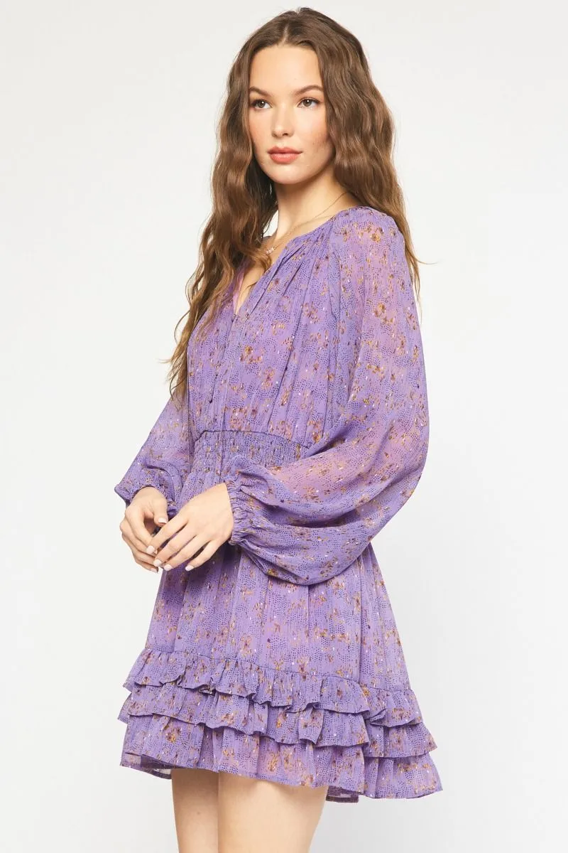 Entro Purple Printed V-Neck Long Sleeve Smocked Dress With Ruffle Skirt