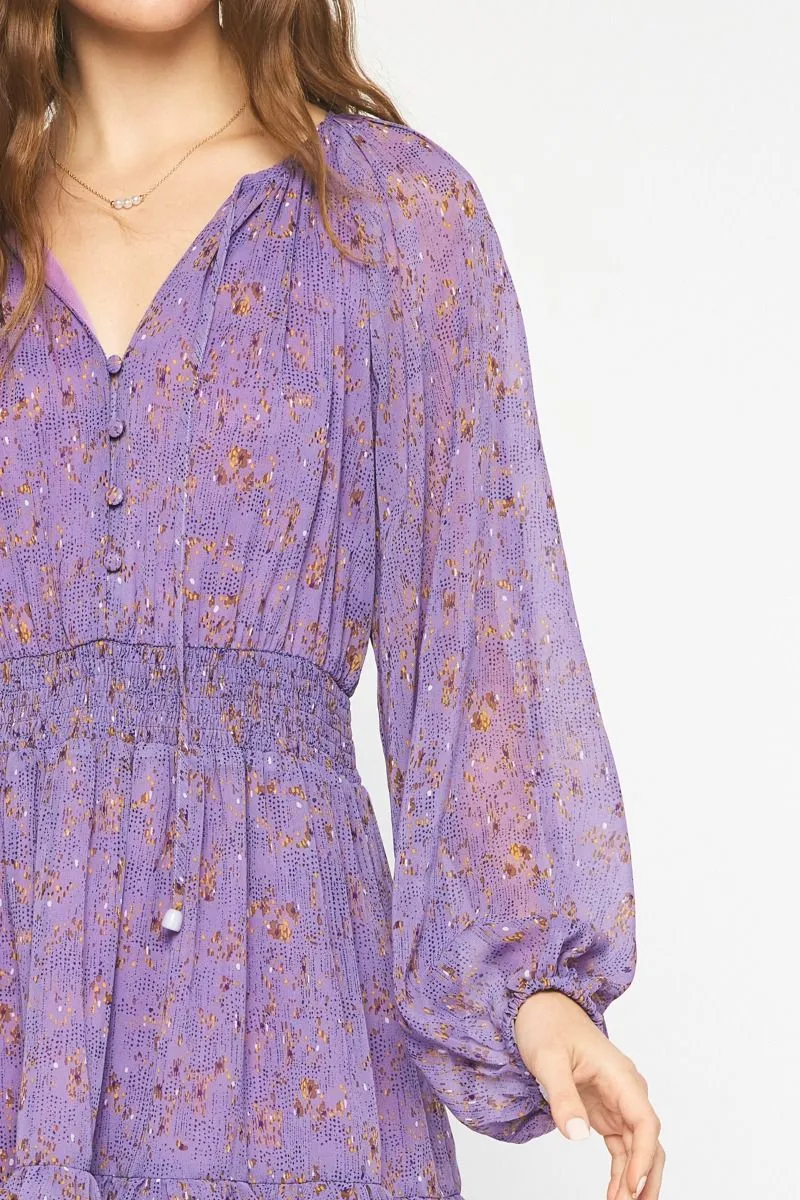 Entro Purple Printed V-Neck Long Sleeve Smocked Dress With Ruffle Skirt