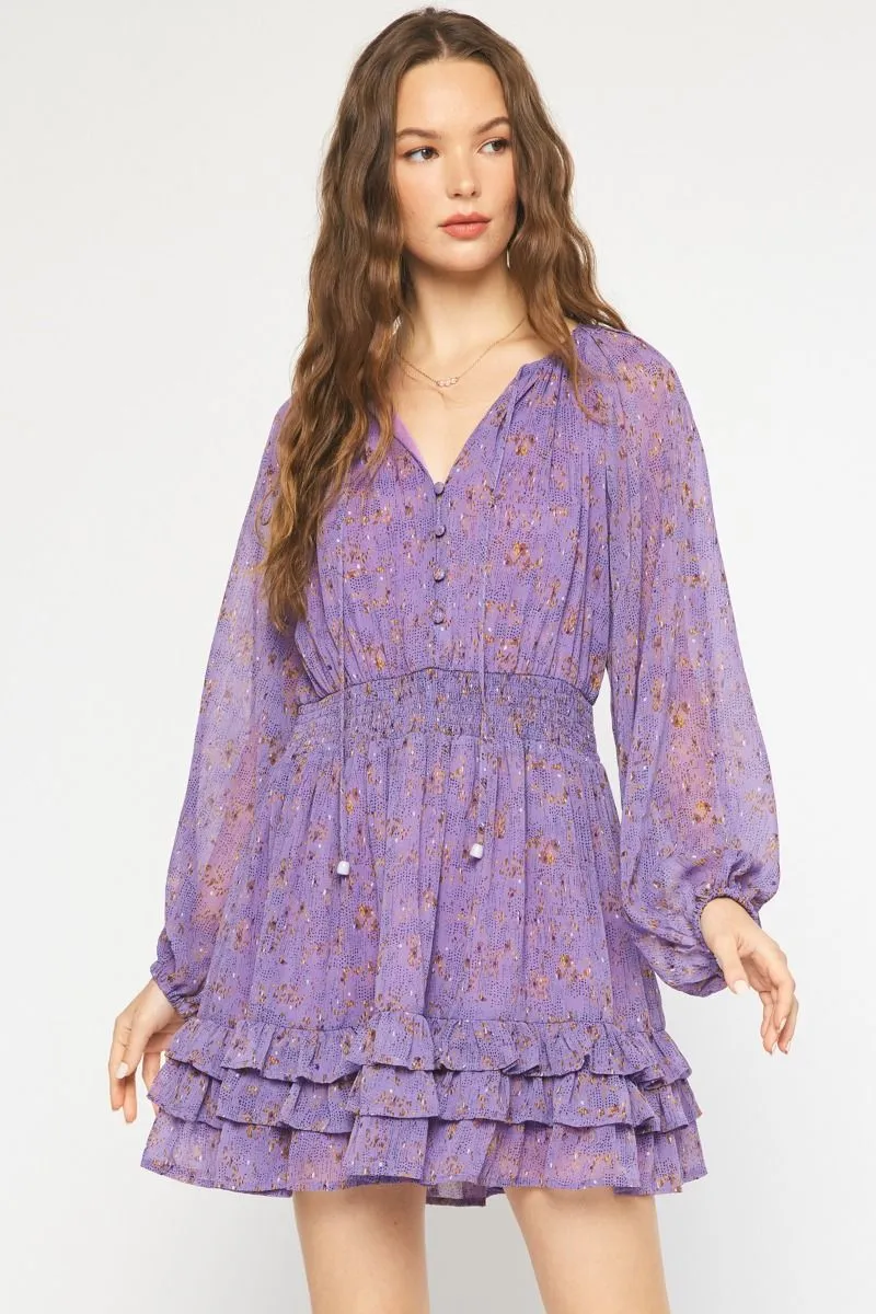 Entro Purple Printed V-Neck Long Sleeve Smocked Dress With Ruffle Skirt