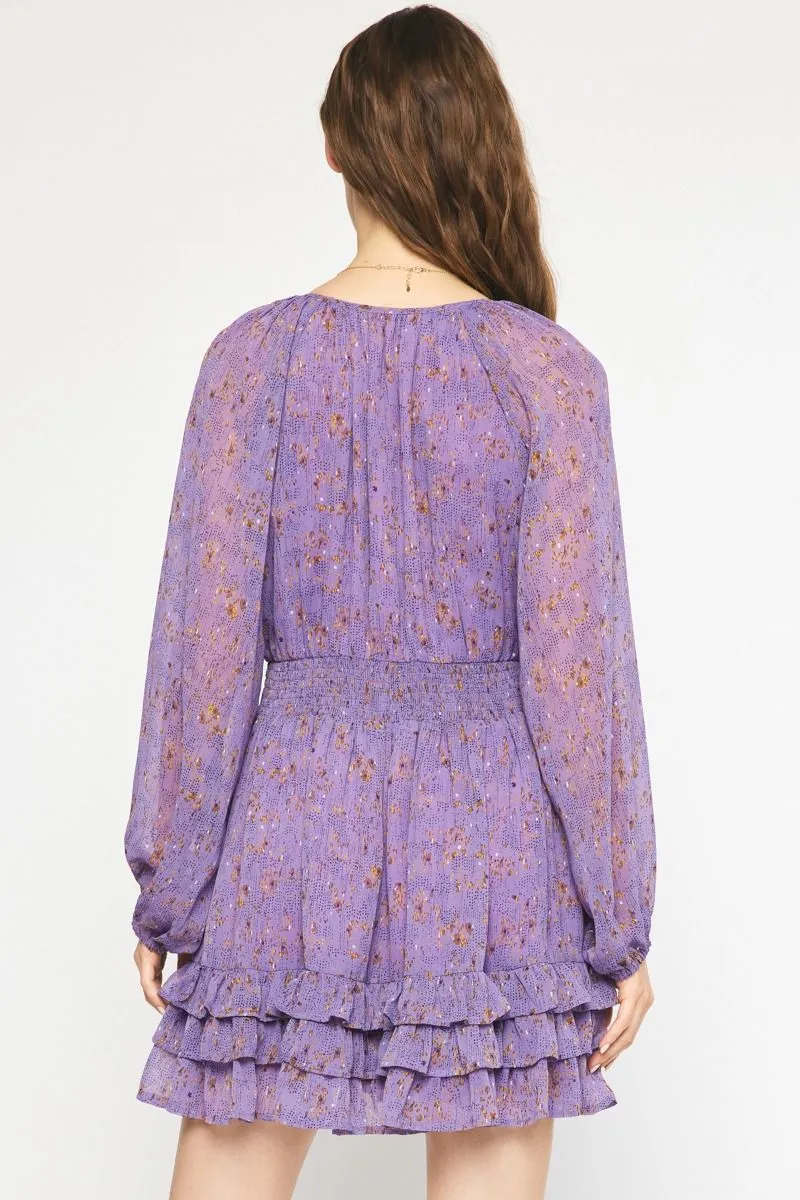 Entro Purple Printed V-Neck Long Sleeve Smocked Dress With Ruffle Skirt