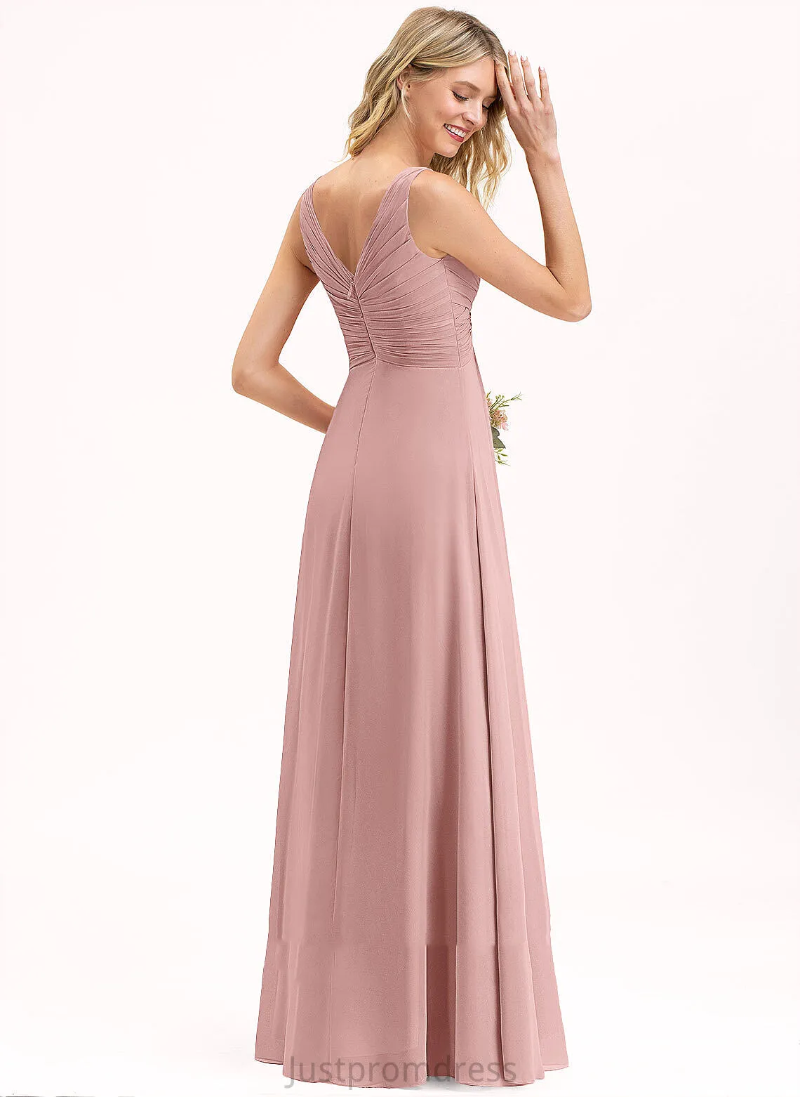 Floor-Length Length Silhouette Pleated Neckline Embellishment A-Line V-neck Fabric Emilie Floor Length Natural Waist Bridesmaid Dresses