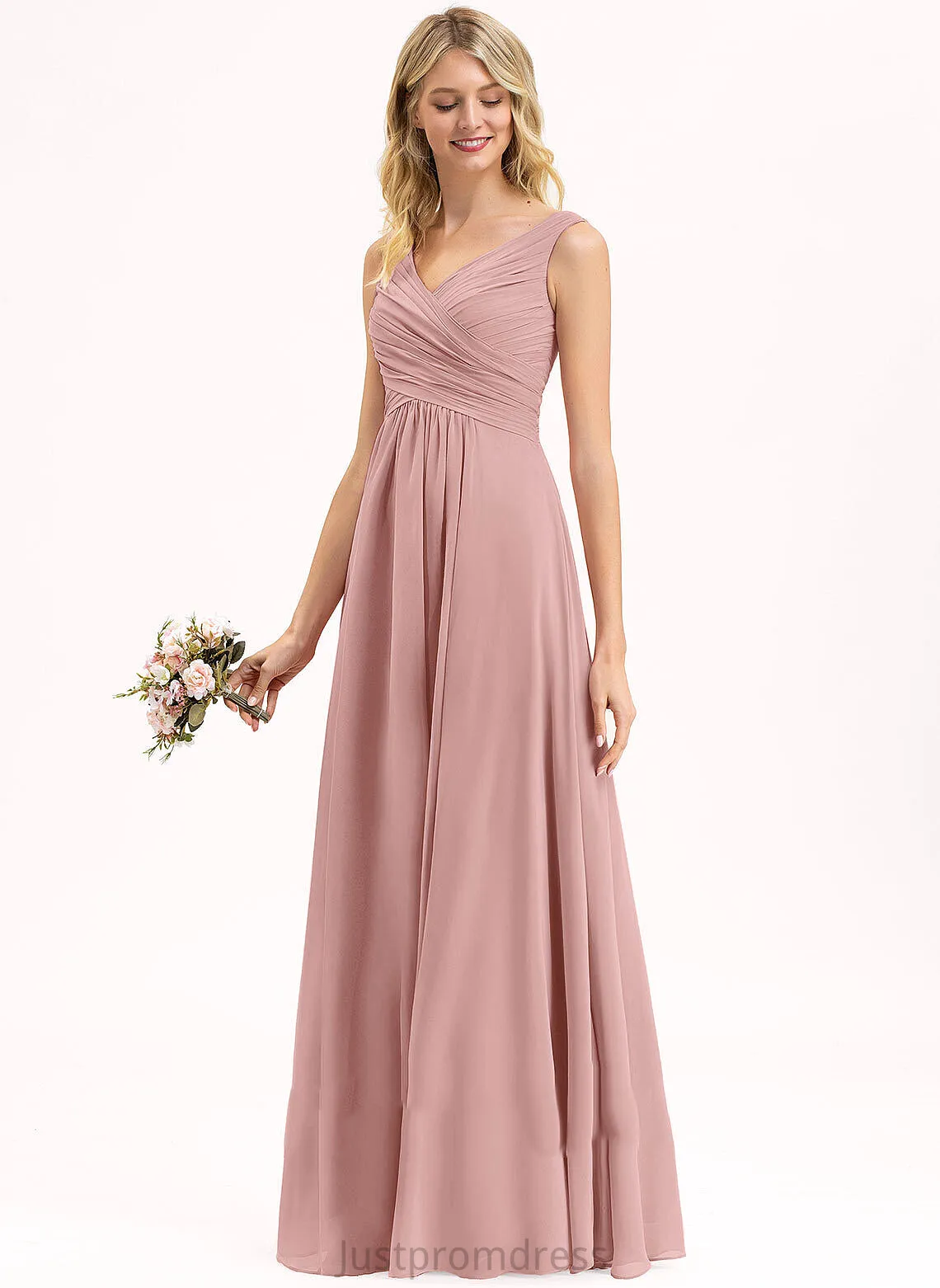 Floor-Length Length Silhouette Pleated Neckline Embellishment A-Line V-neck Fabric Emilie Floor Length Natural Waist Bridesmaid Dresses
