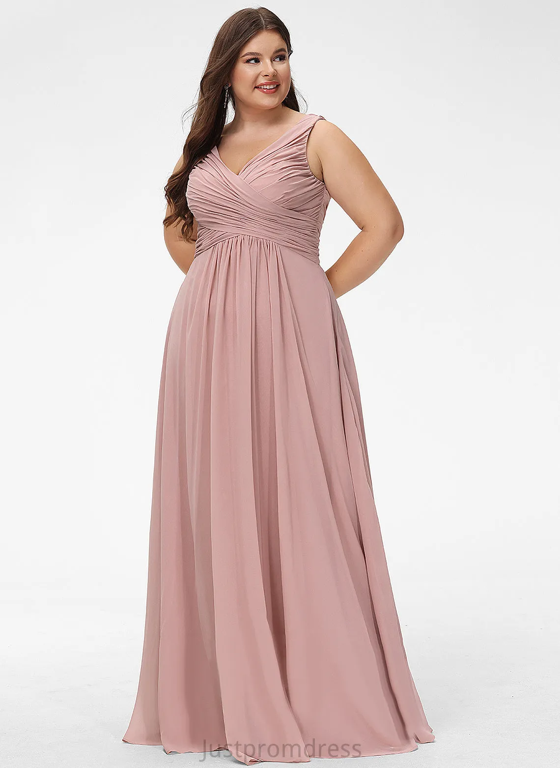 Floor-Length Length Silhouette Pleated Neckline Embellishment A-Line V-neck Fabric Emilie Floor Length Natural Waist Bridesmaid Dresses