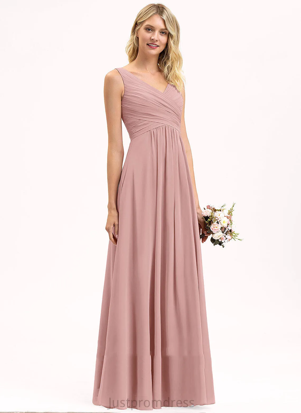 Floor-Length Length Silhouette Pleated Neckline Embellishment A-Line V-neck Fabric Emilie Floor Length Natural Waist Bridesmaid Dresses
