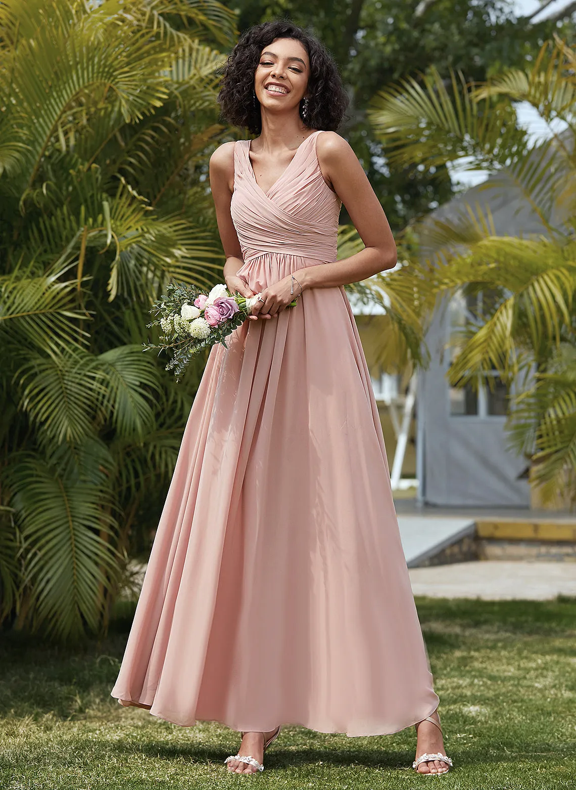 Floor-Length Length Silhouette Pleated Neckline Embellishment A-Line V-neck Fabric Emilie Floor Length Natural Waist Bridesmaid Dresses
