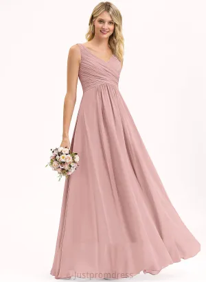 Floor-Length Length Silhouette Pleated Neckline Embellishment A-Line V-neck Fabric Emilie Floor Length Natural Waist Bridesmaid Dresses