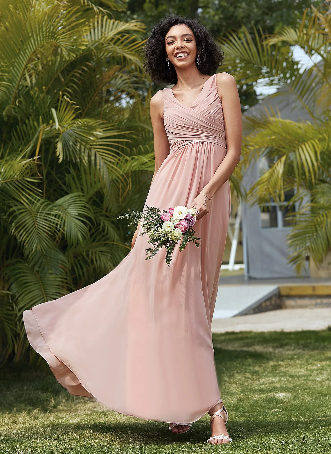 Floor-Length Length Silhouette Pleated Neckline Embellishment A-Line V-neck Fabric Emilie Floor Length Natural Waist Bridesmaid Dresses
