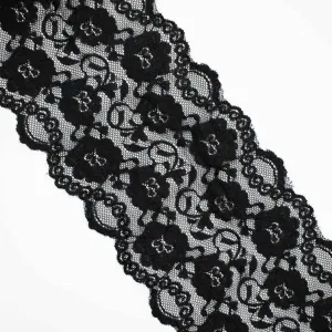 Floral Stretch Raschel Lace Trim 14cm Black