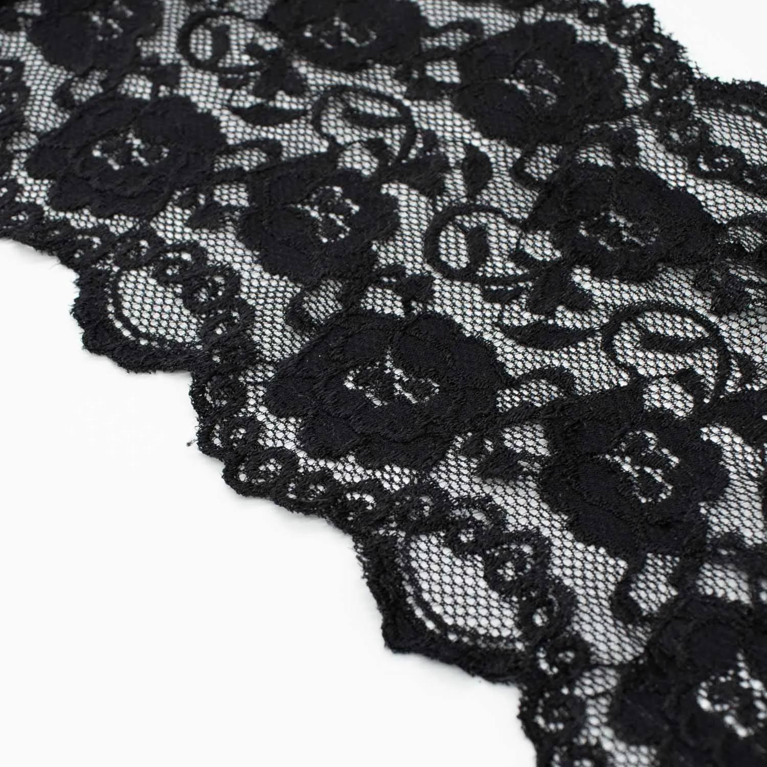 Floral Stretch Raschel Lace Trim 14cm Black