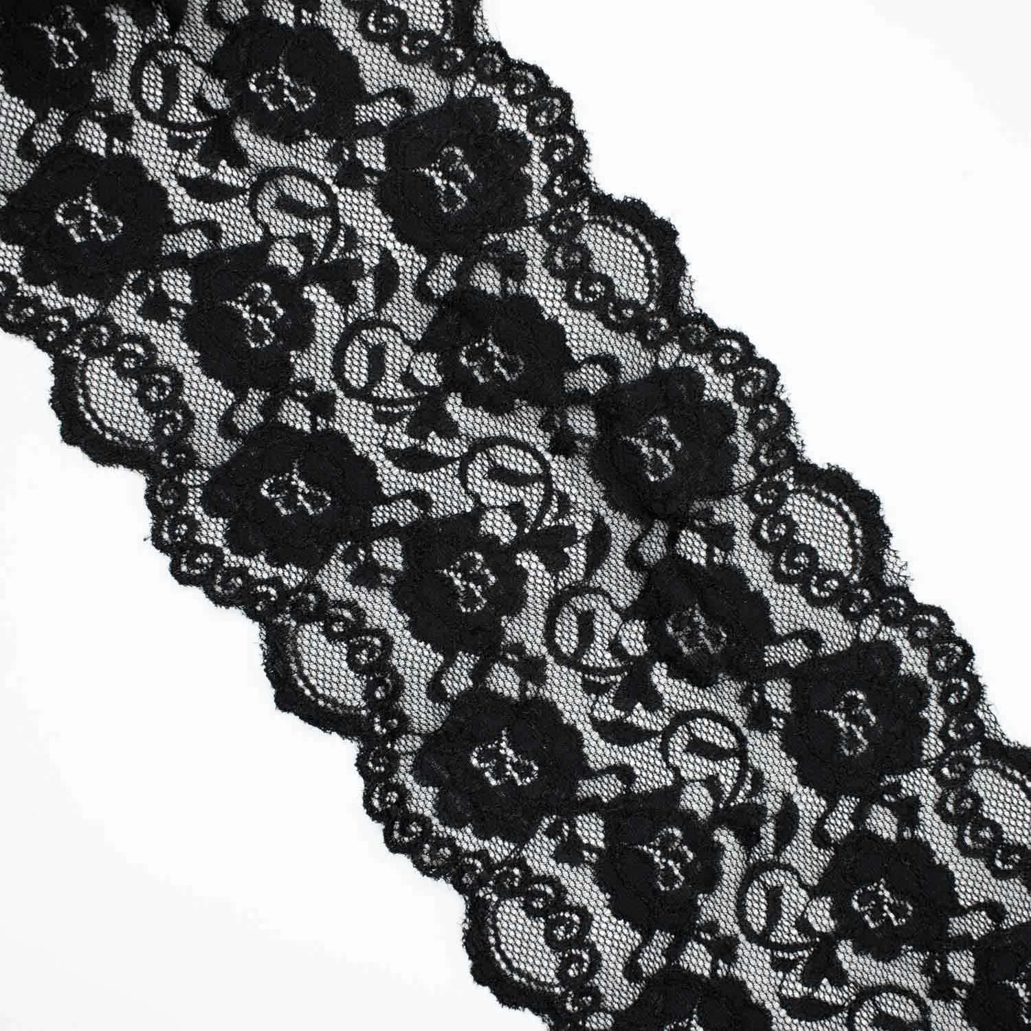 Floral Stretch Raschel Lace Trim 14cm Black
