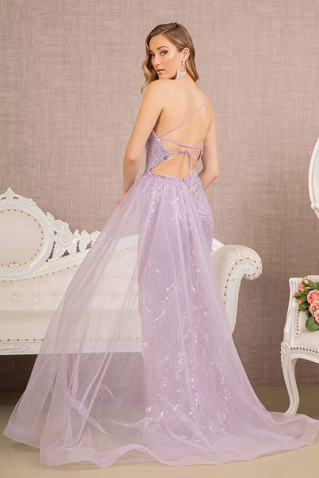 FORMAL SLEEVELESS SHEATH OEN SHOULDER SEQUINS EMBELLISHED GOWN W/ LACE UP BACK