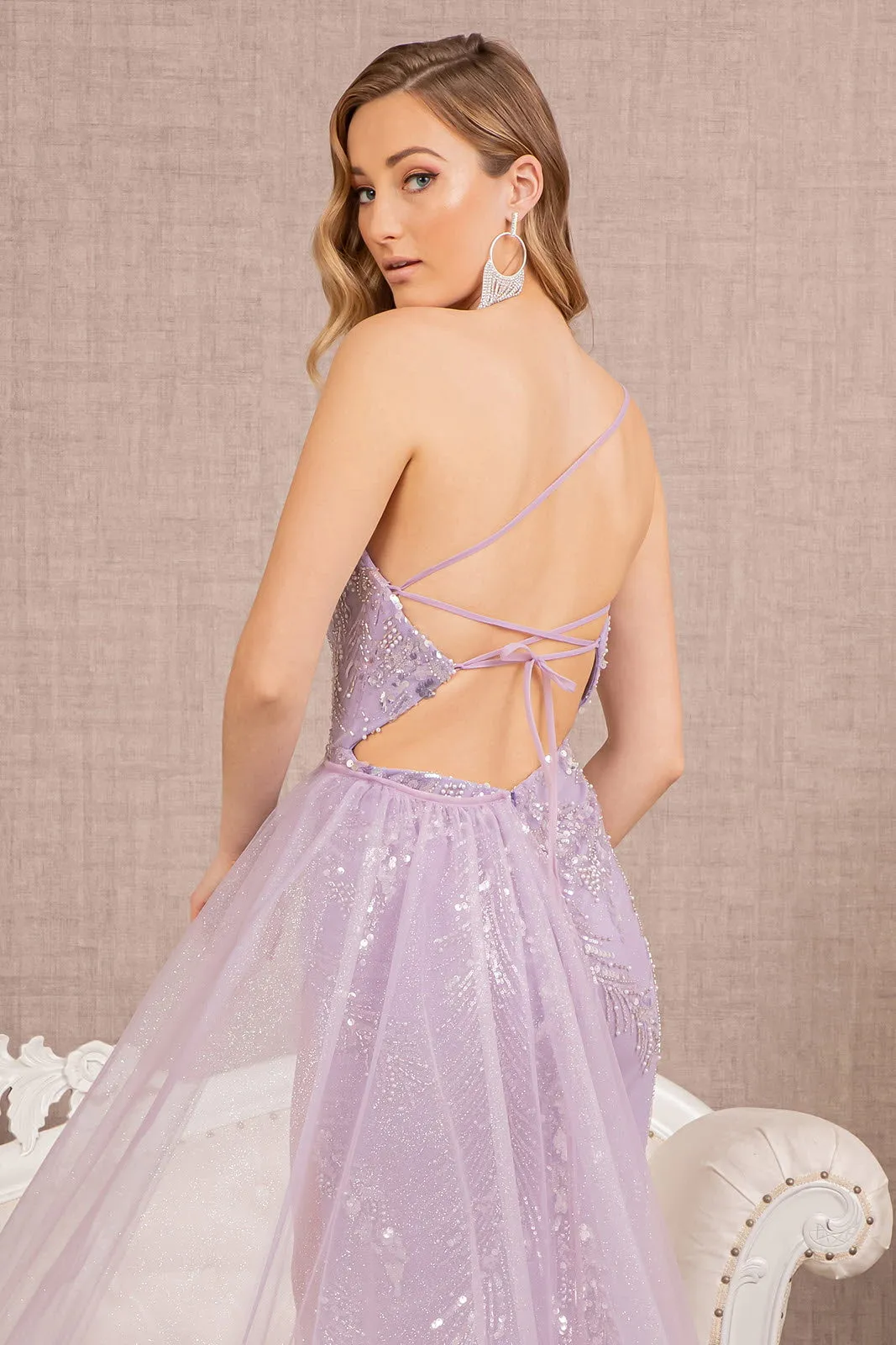 FORMAL SLEEVELESS SHEATH OEN SHOULDER SEQUINS EMBELLISHED GOWN W/ LACE UP BACK