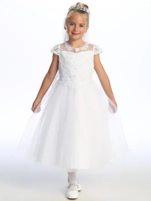 Girls Illusion Neckline Pearl Sequin Corded Embroidered Tulle Communion Dress 6-12