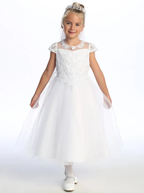 Girls Illusion Neckline Pearl Sequin Corded Embroidered Tulle Communion Dress 6-12