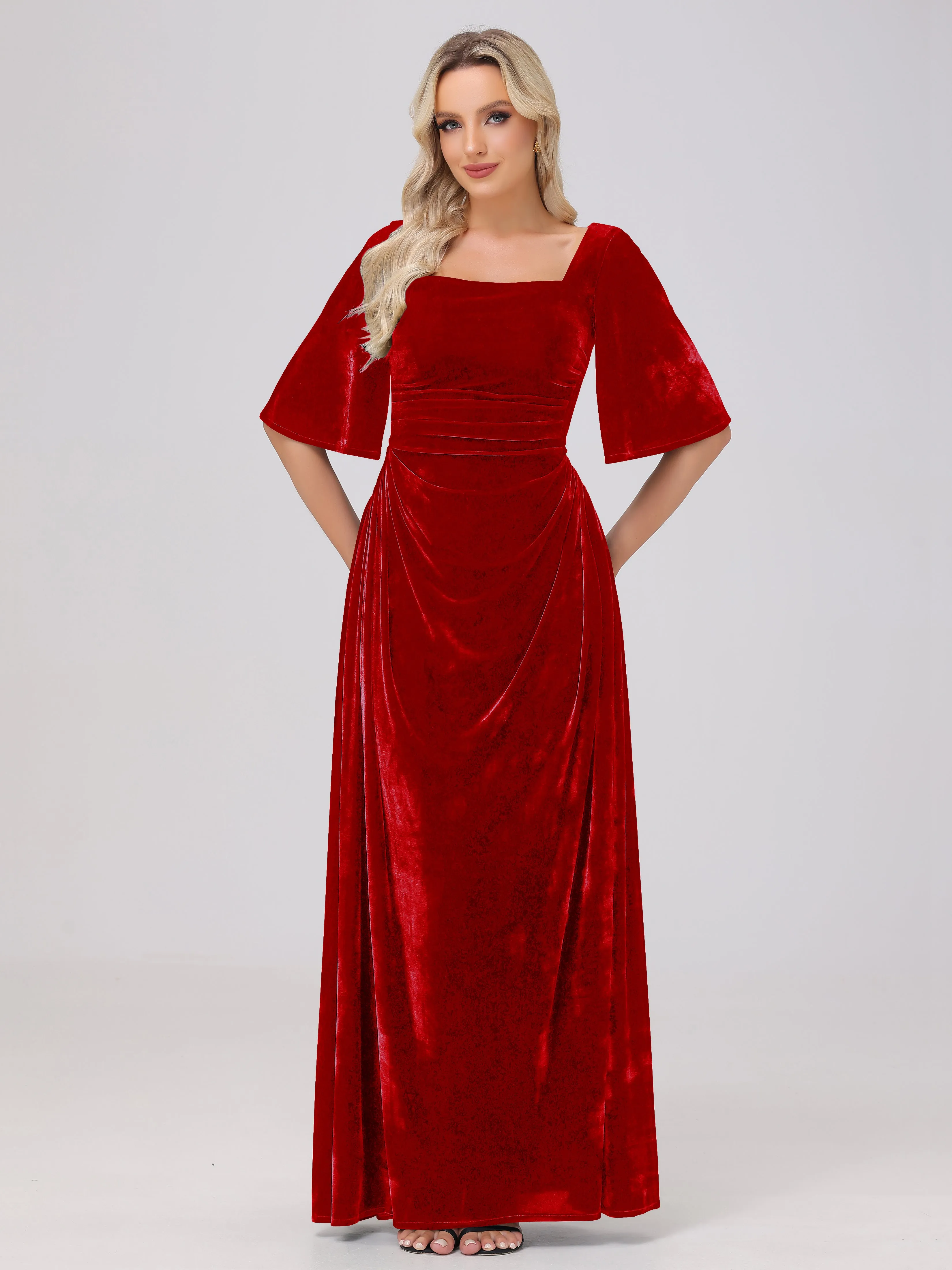 Half Sleeves Square Neck Velvet Bridesmaid Dresses