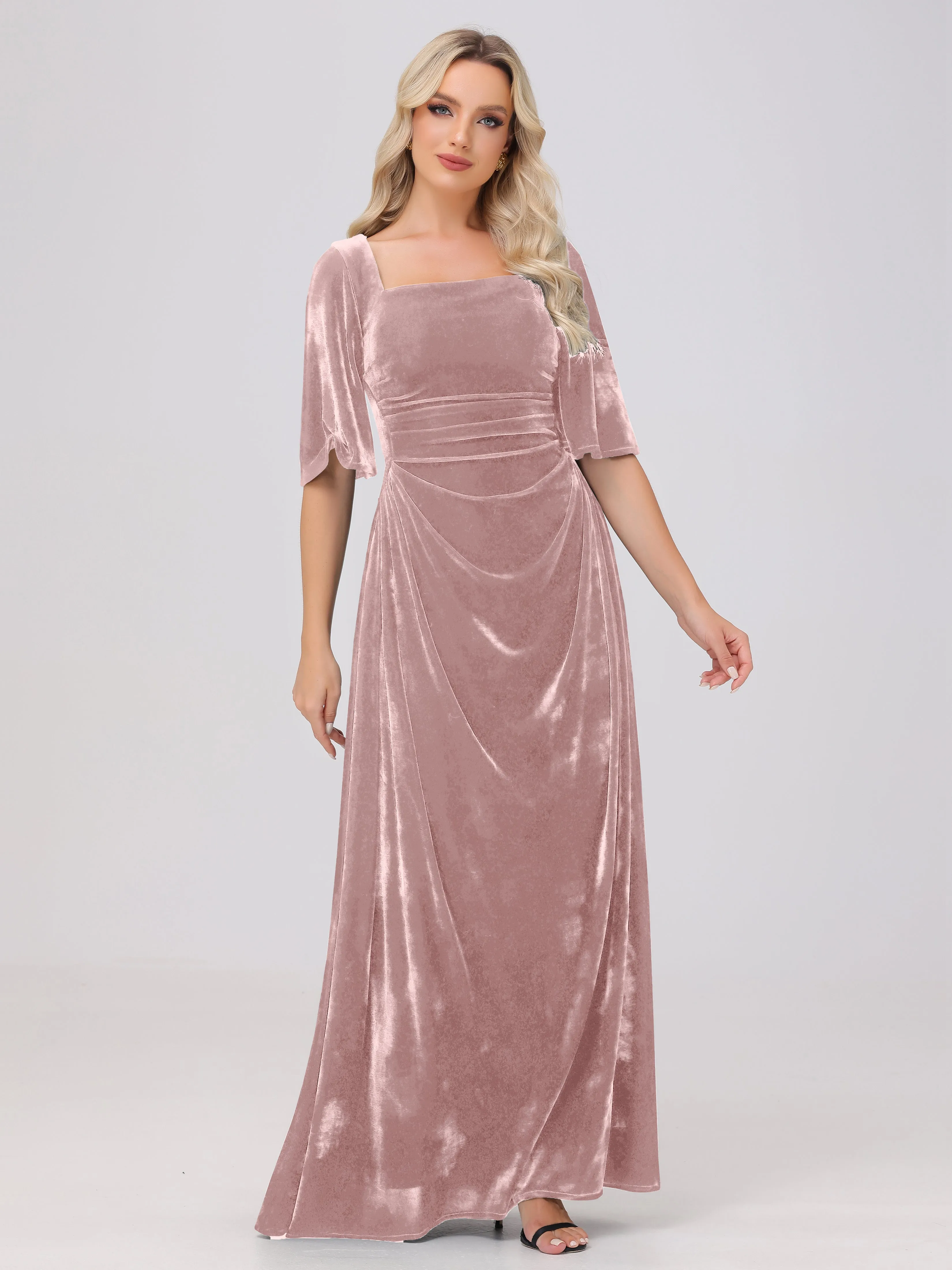 Half Sleeves Square Neck Velvet Bridesmaid Dresses