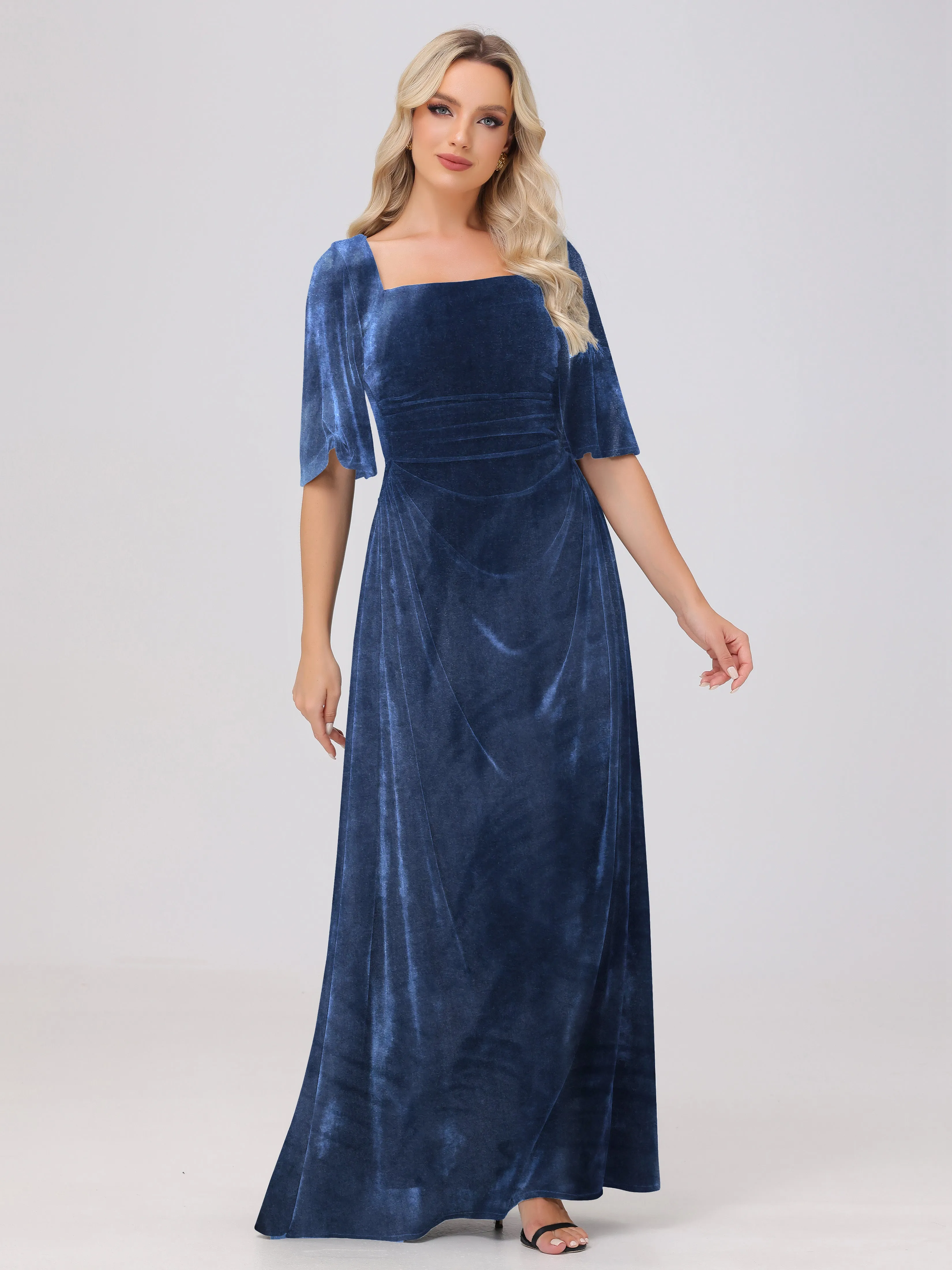 Half Sleeves Square Neck Velvet Bridesmaid Dresses