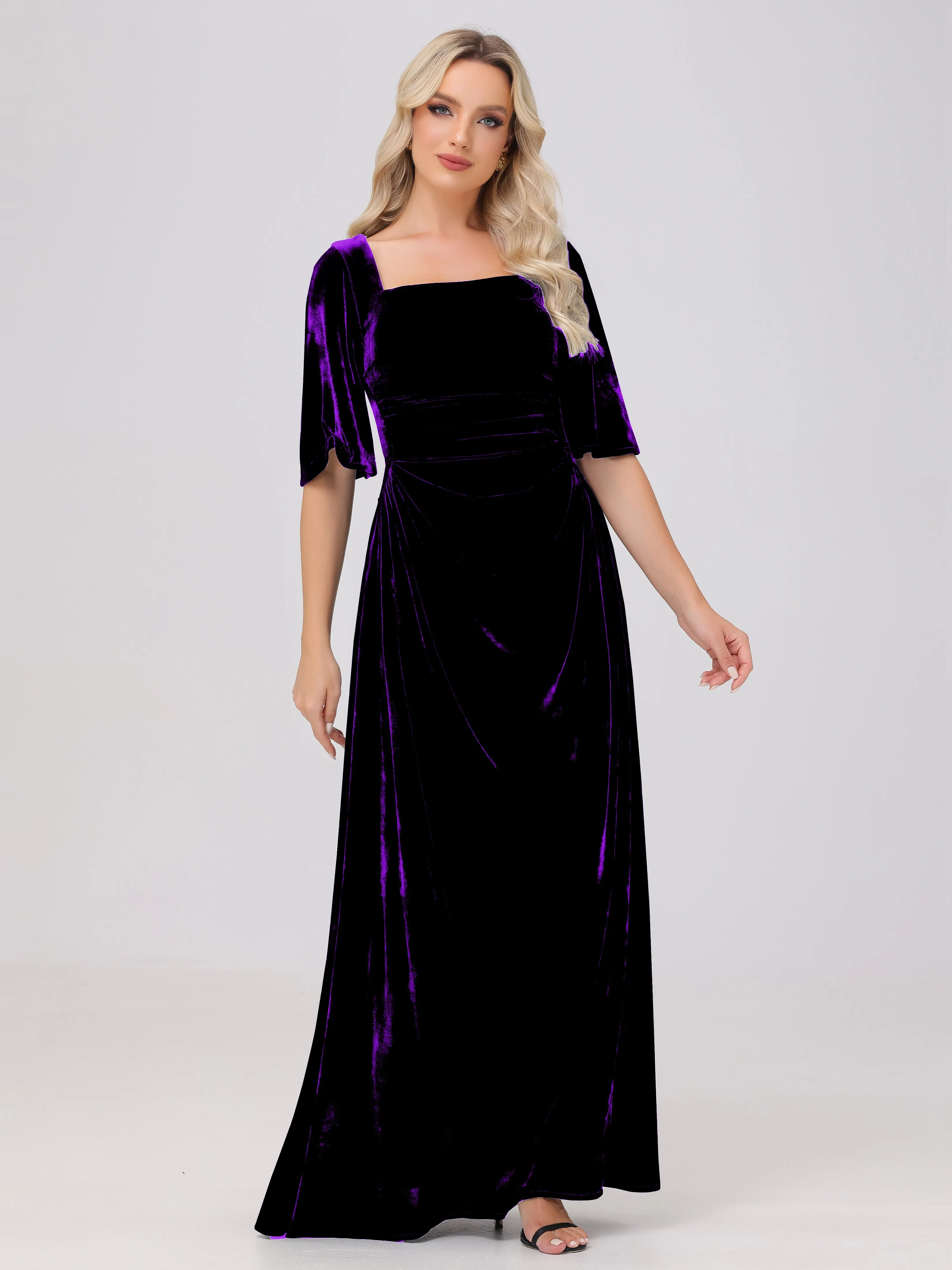 Half Sleeves Square Neck Velvet Bridesmaid Dresses