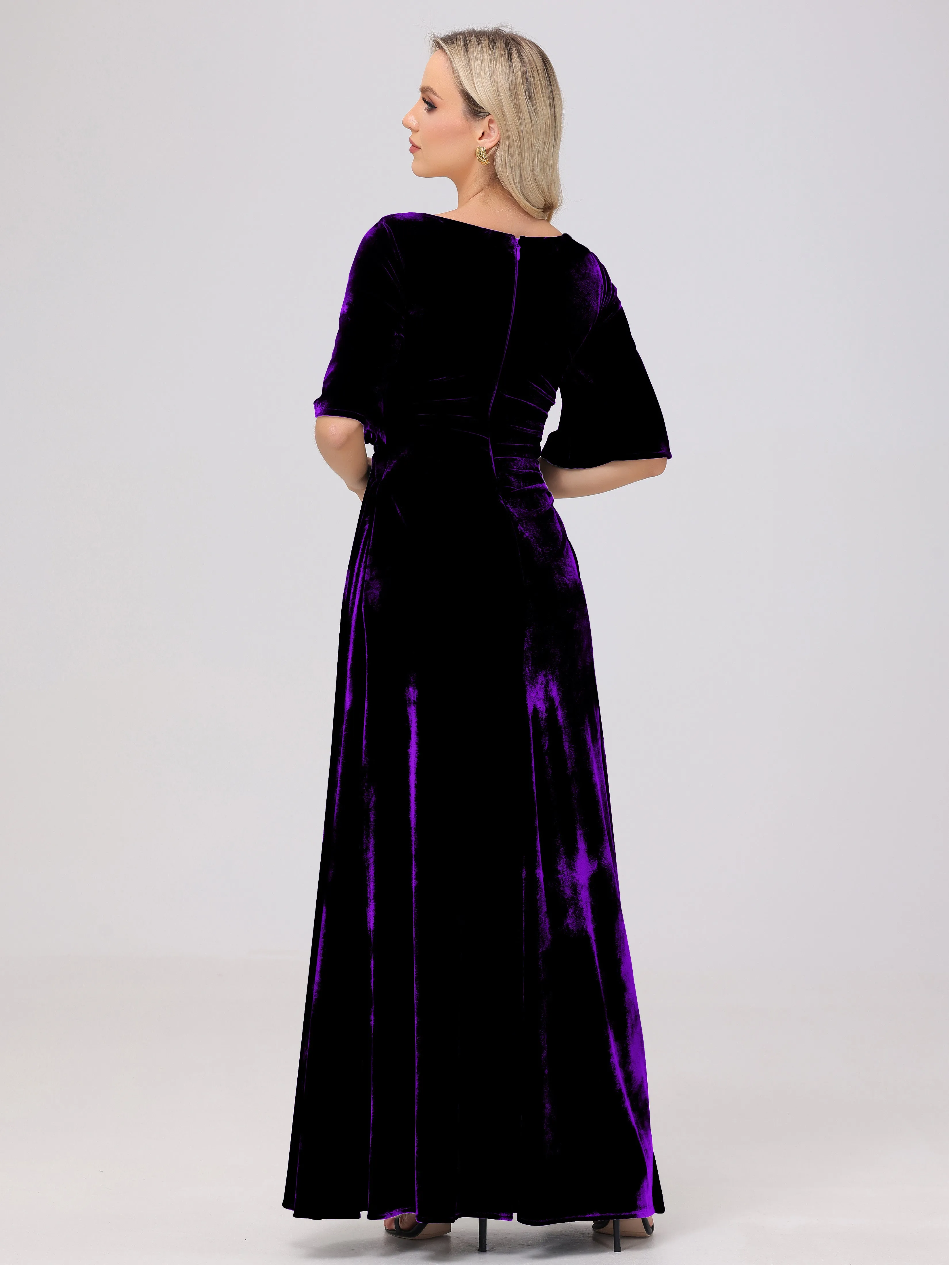 Half Sleeves Square Neck Velvet Bridesmaid Dresses