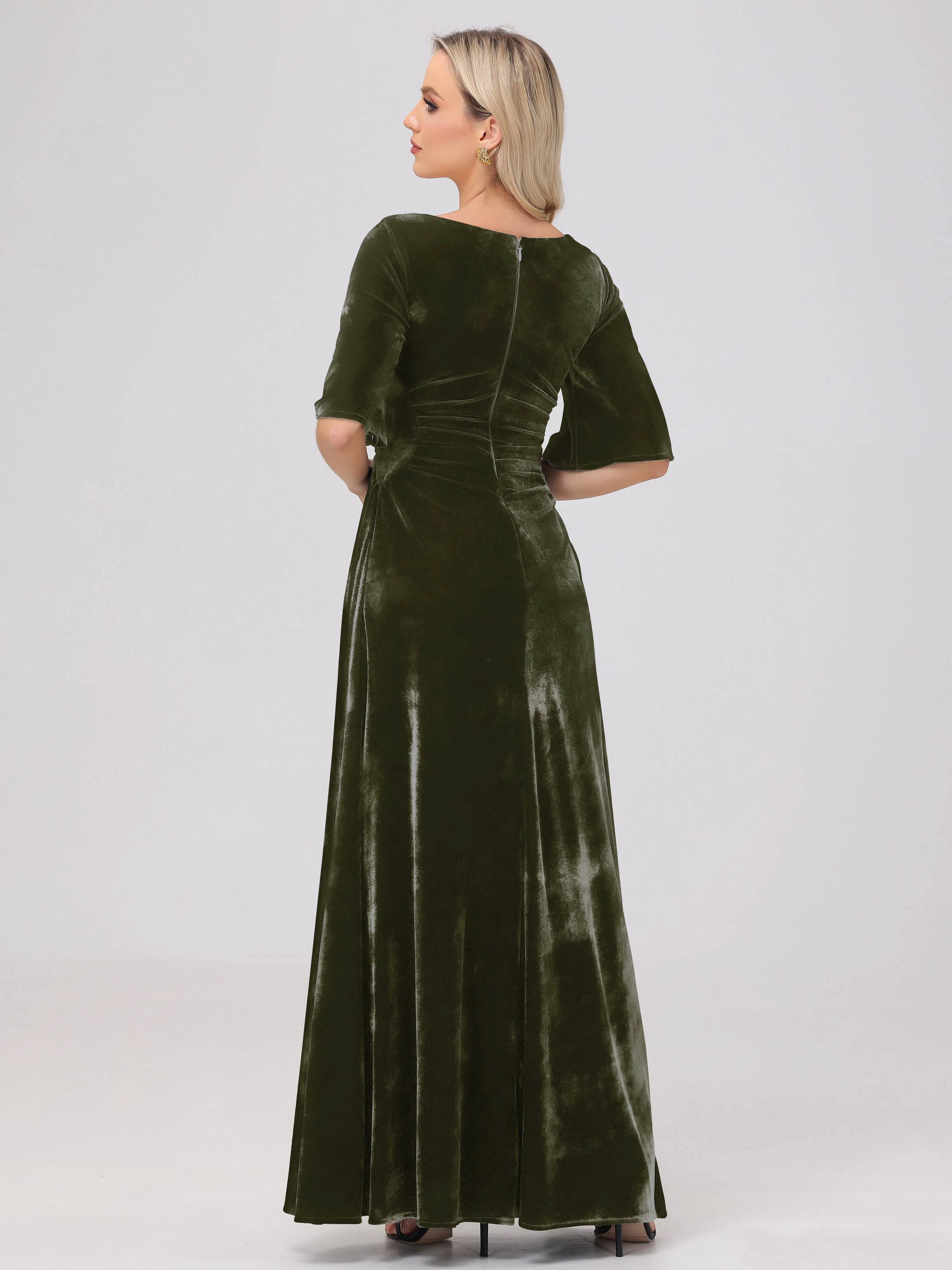 Half Sleeves Square Neck Velvet Bridesmaid Dresses