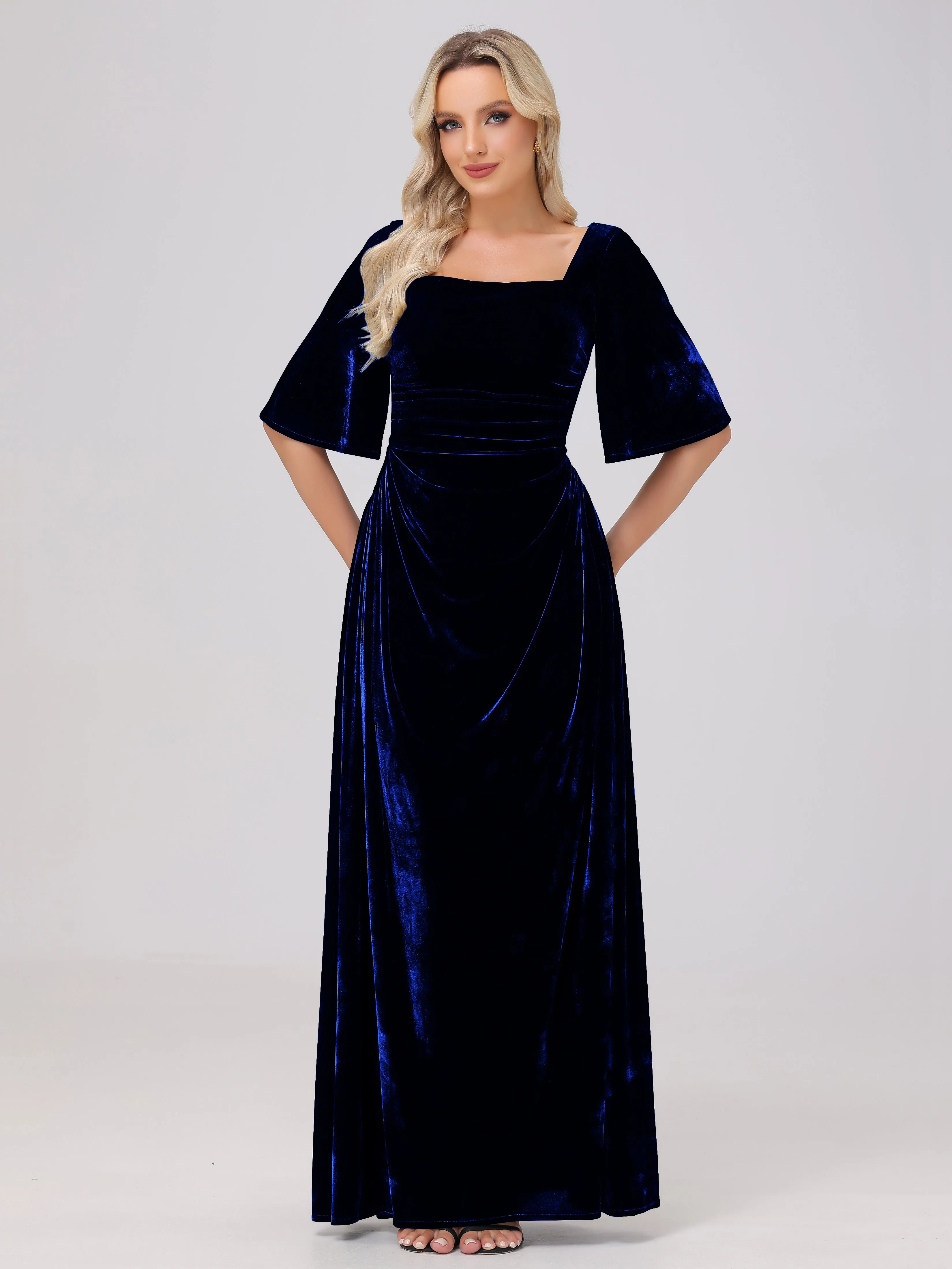 Half Sleeves Square Neck Velvet Bridesmaid Dresses