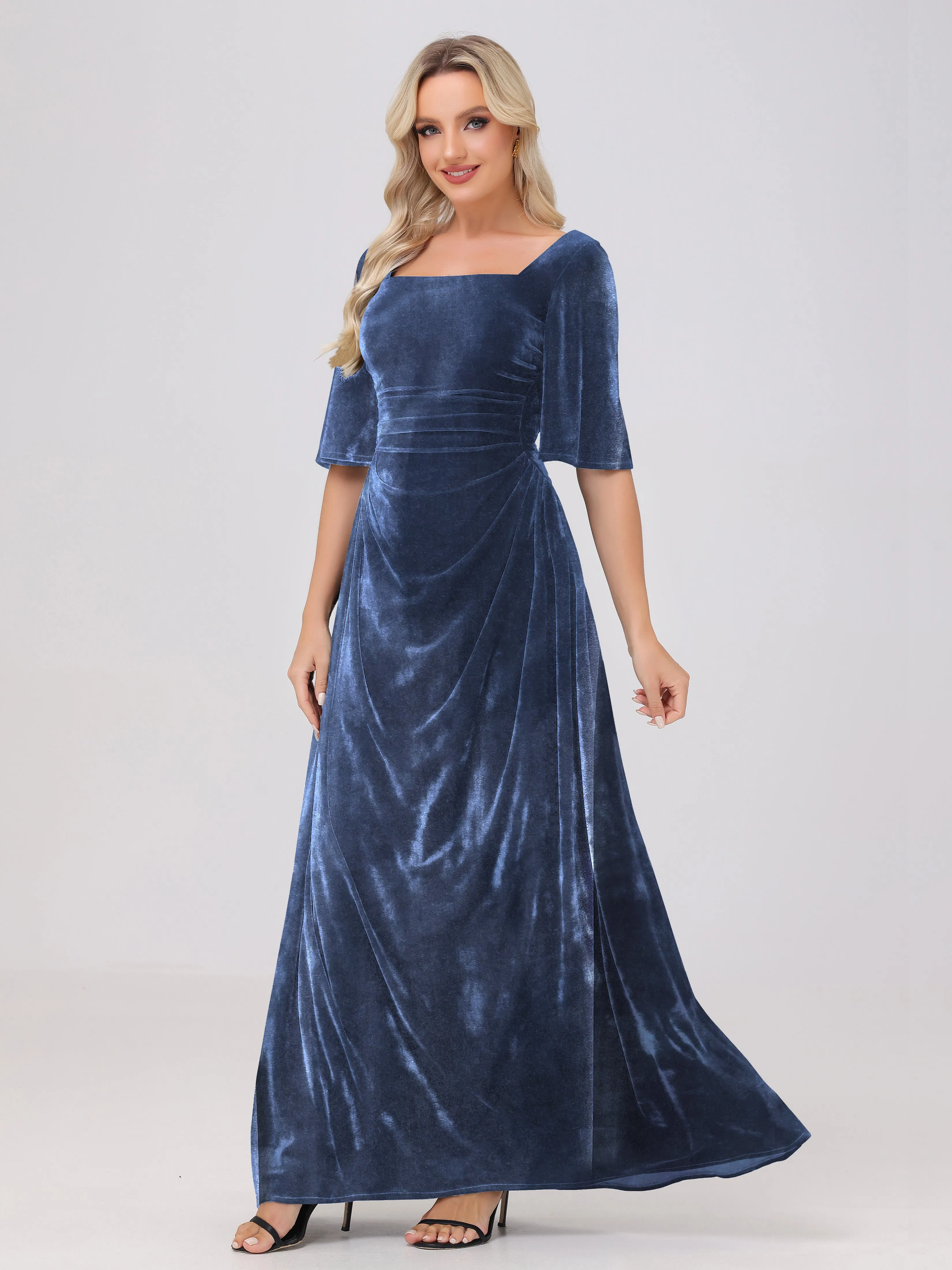 Half Sleeves Square Neck Velvet Bridesmaid Dresses
