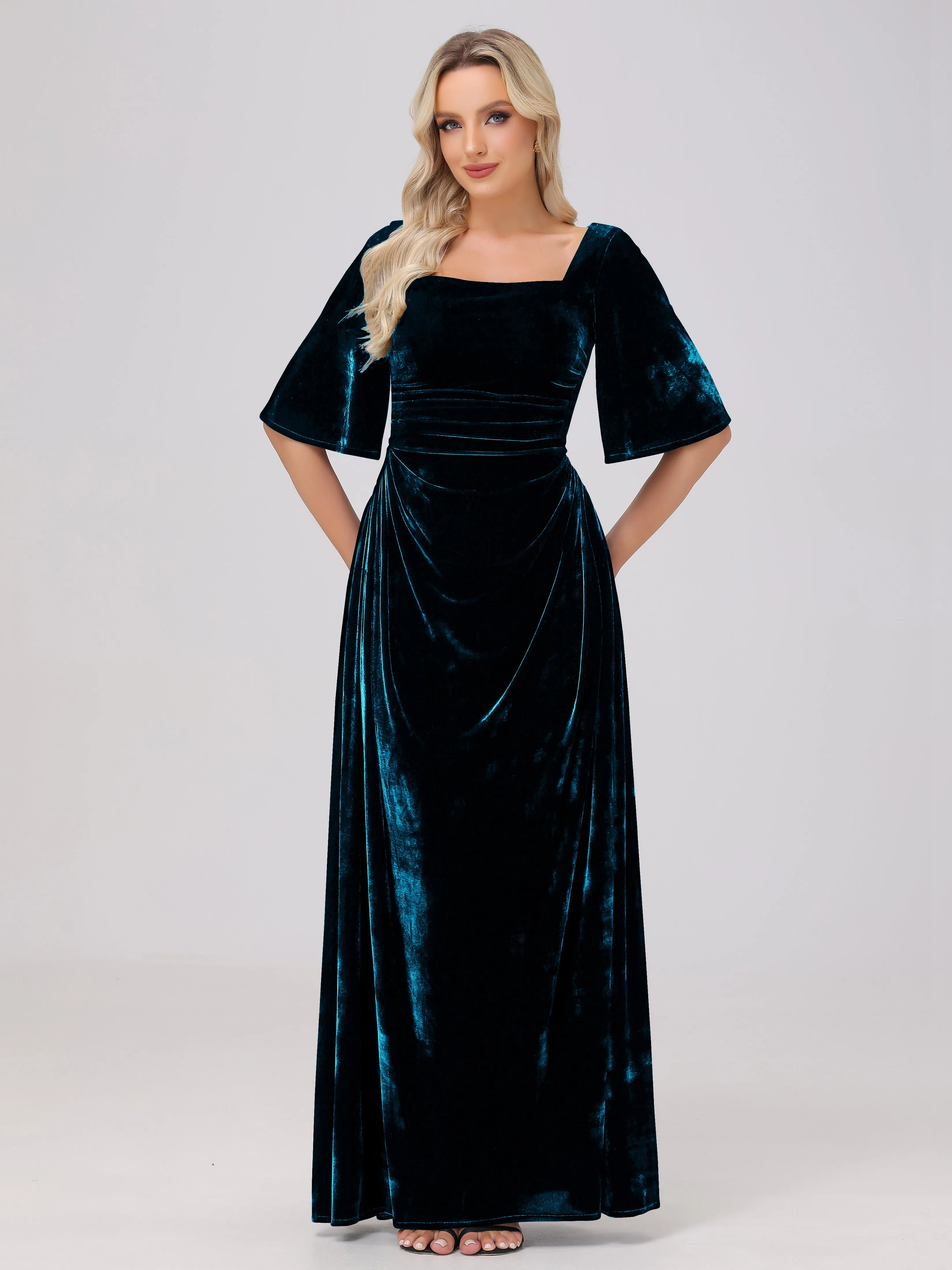 Half Sleeves Square Neck Velvet Bridesmaid Dresses