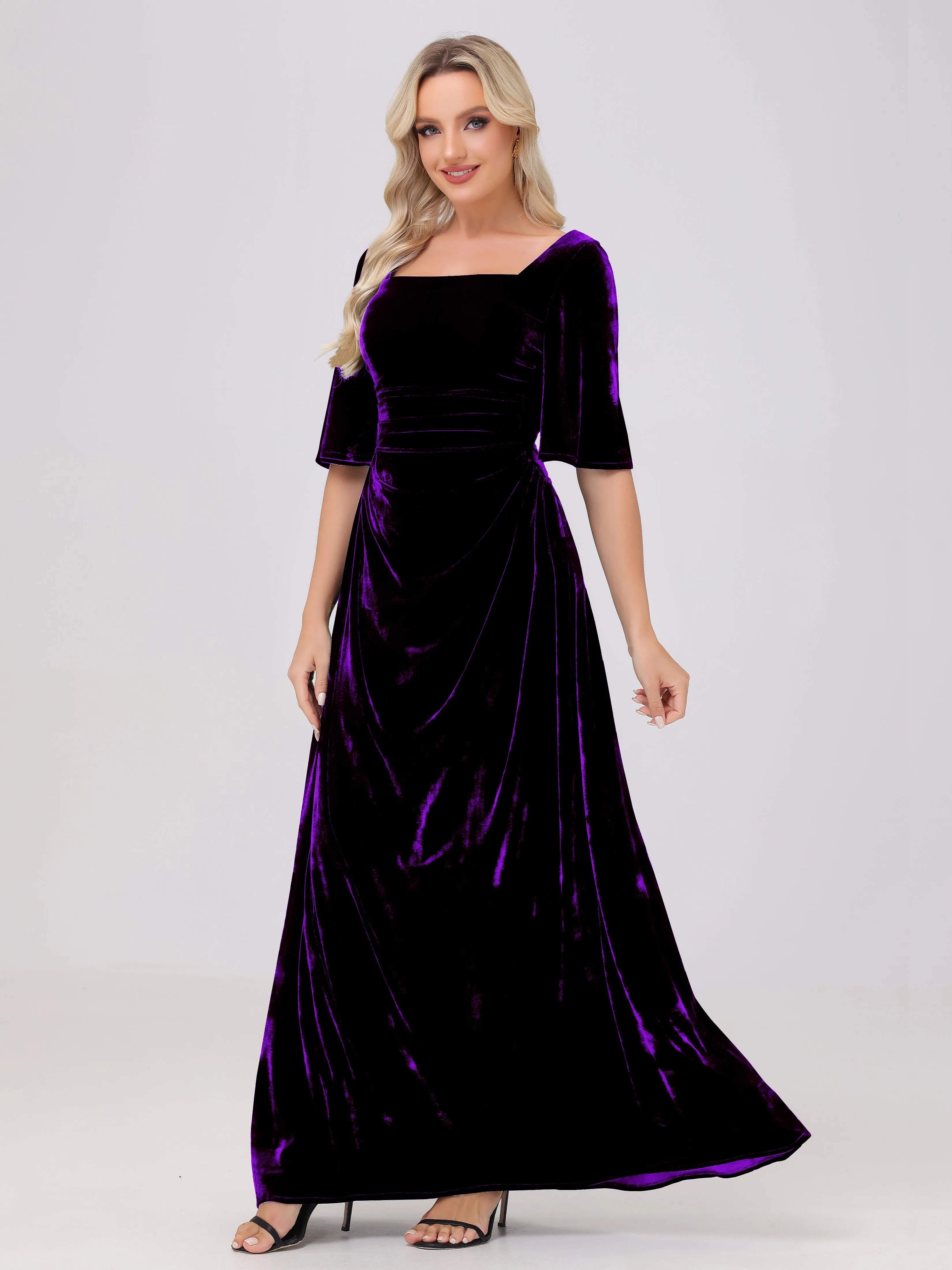 Half Sleeves Square Neck Velvet Bridesmaid Dresses
