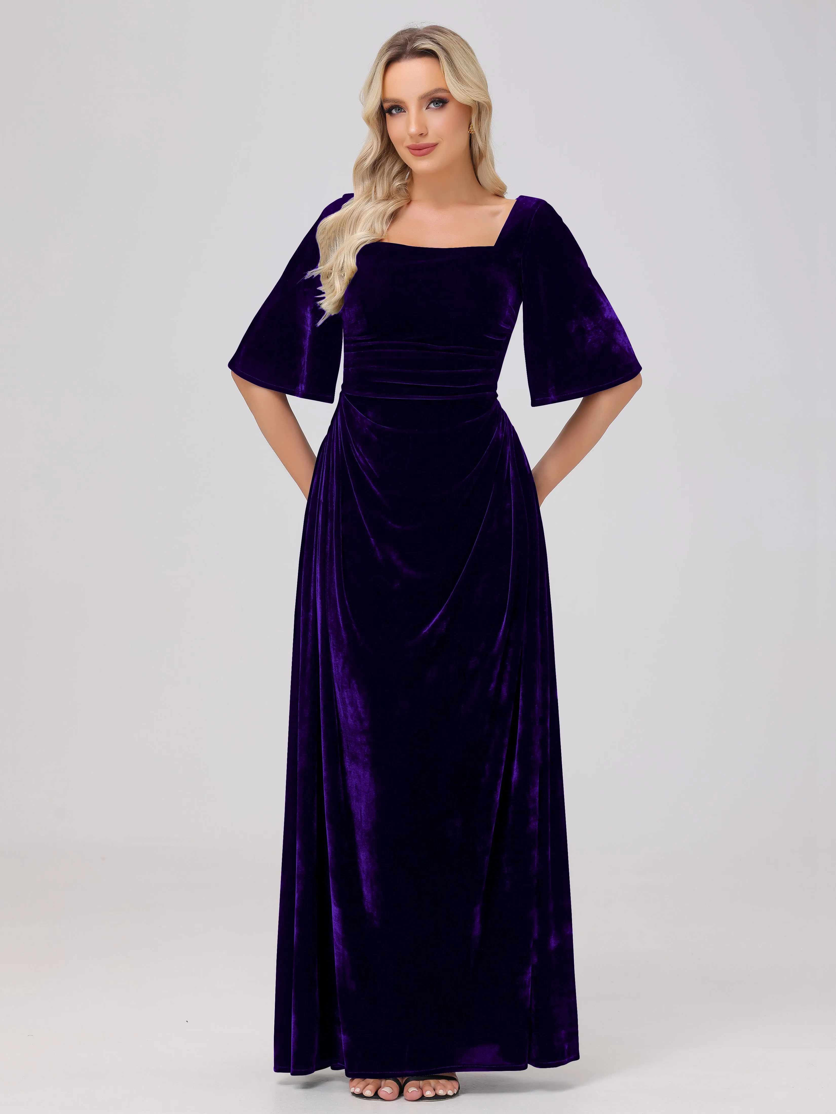 Half Sleeves Square Neck Velvet Bridesmaid Dresses